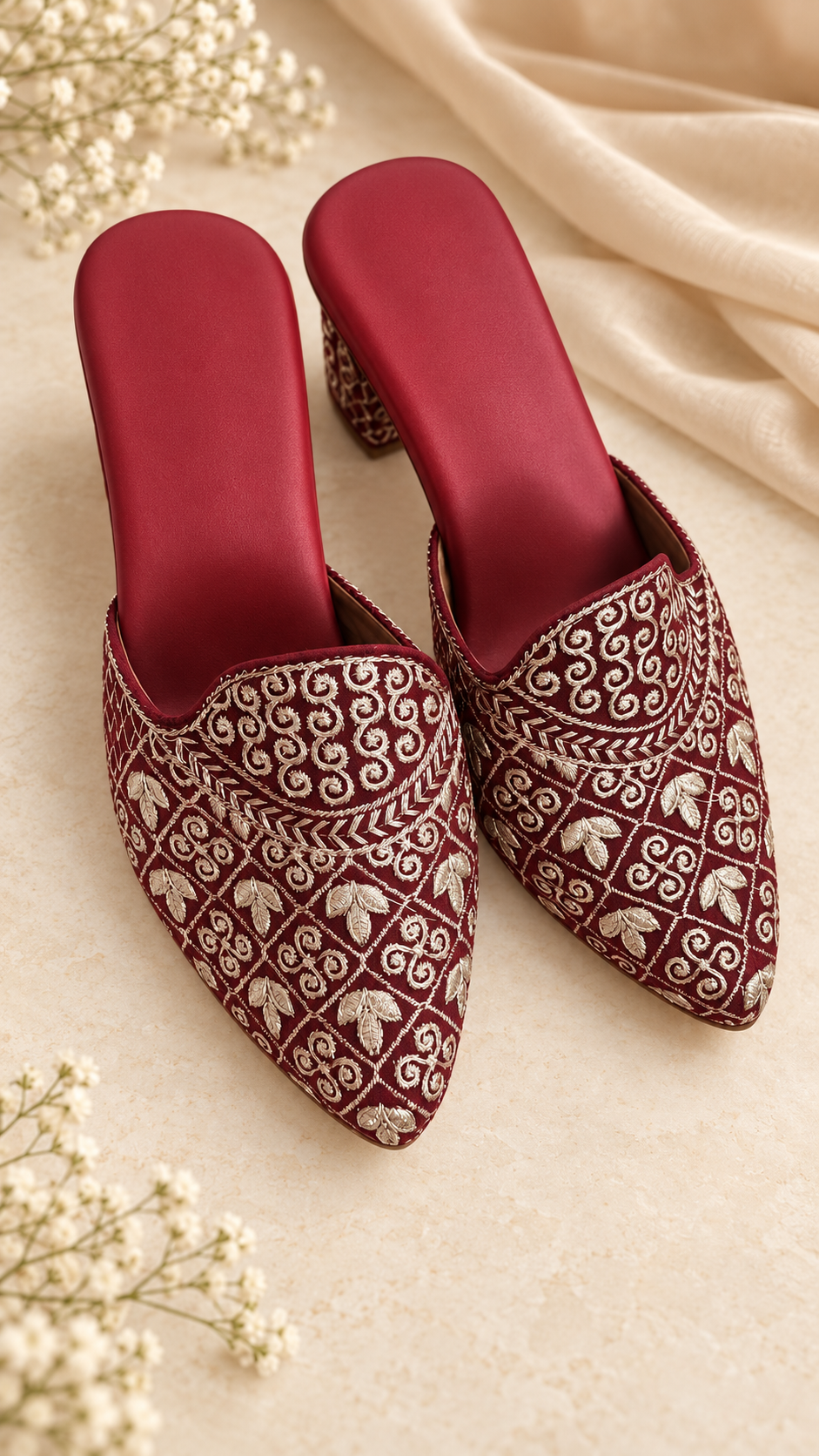 Maroon embroidered women's ethnic mule heels