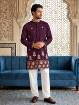 Deep wine purple men's kurta with gold embroidery