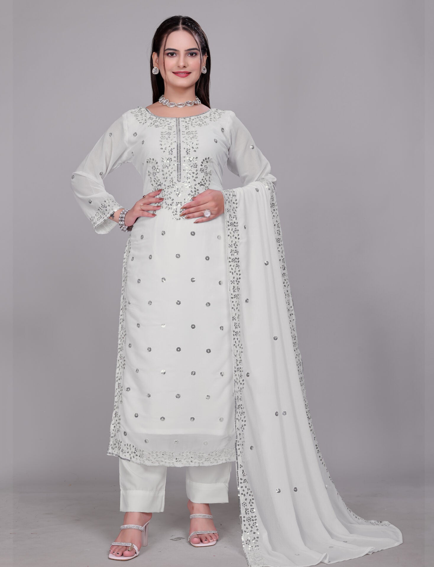 White Embroidered Georgette Suit