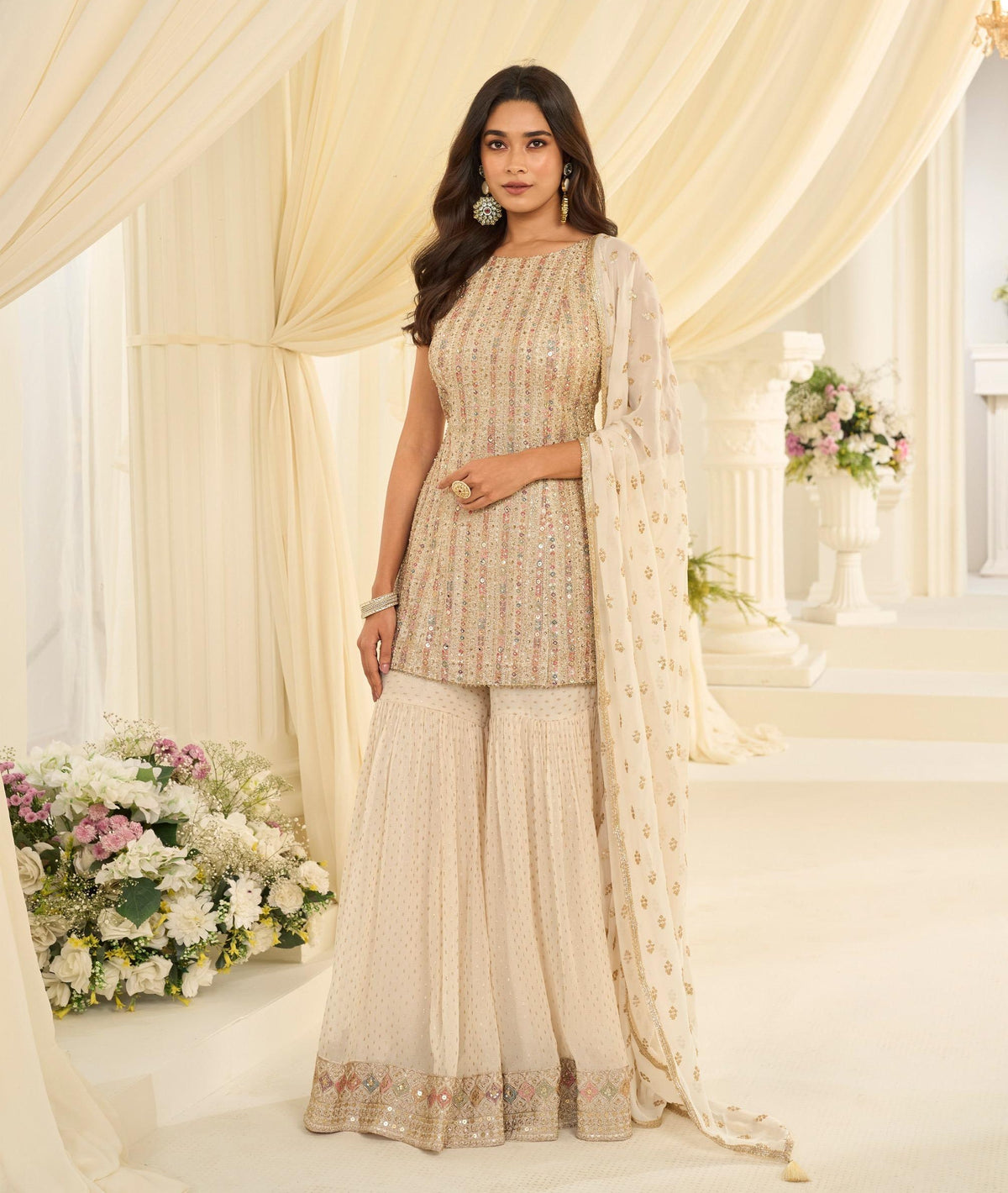 Off white embroidered gharara suit for women
