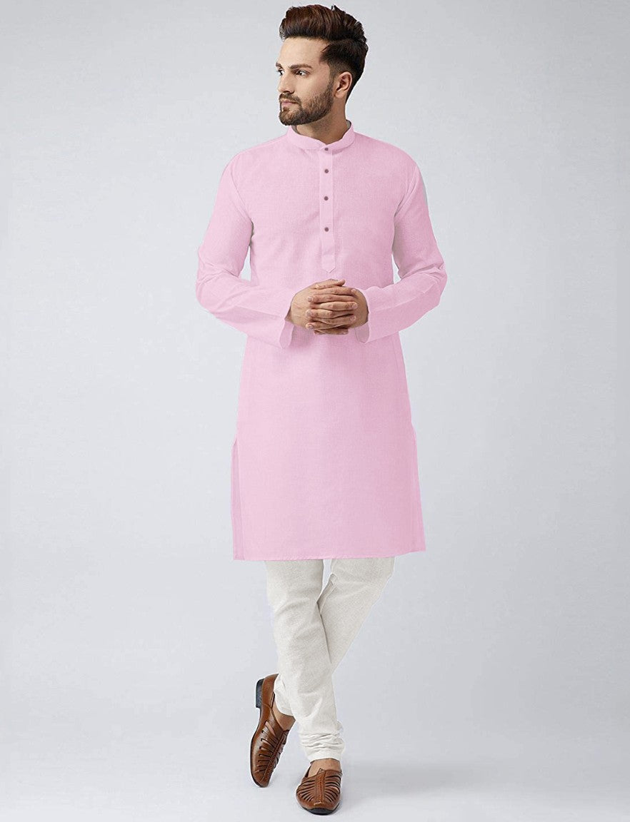 Mens Plain Cotton Kurta Pyjama - Pink