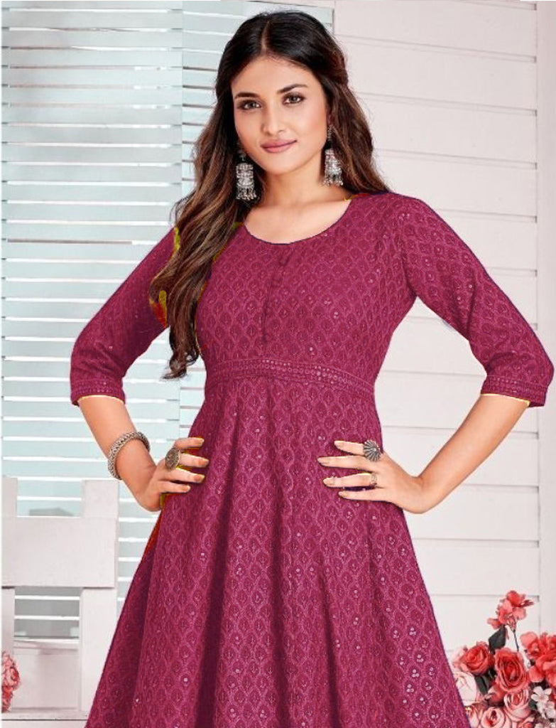 Purple Chikankari Anarkali Kurti
