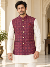 Red patterned Nehru jacket for men with geometric design and gold buttons
