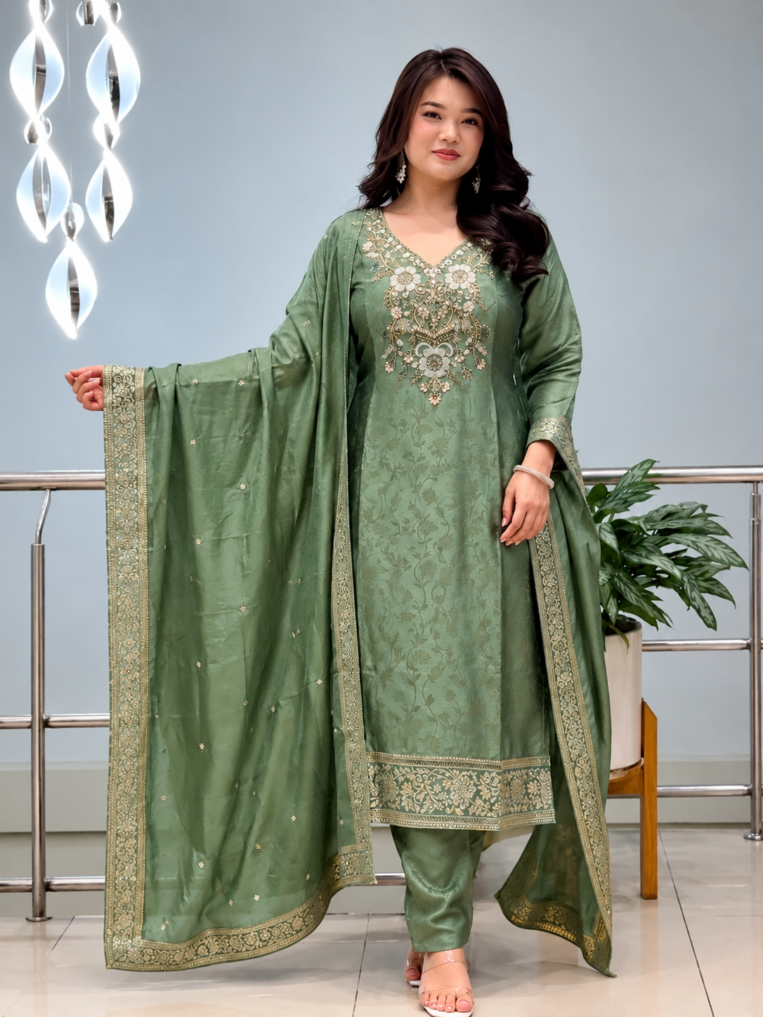 Sage green embroidered suit for women with matching dupatta