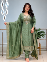 Sage green embroidered suit for women with matching dupatta