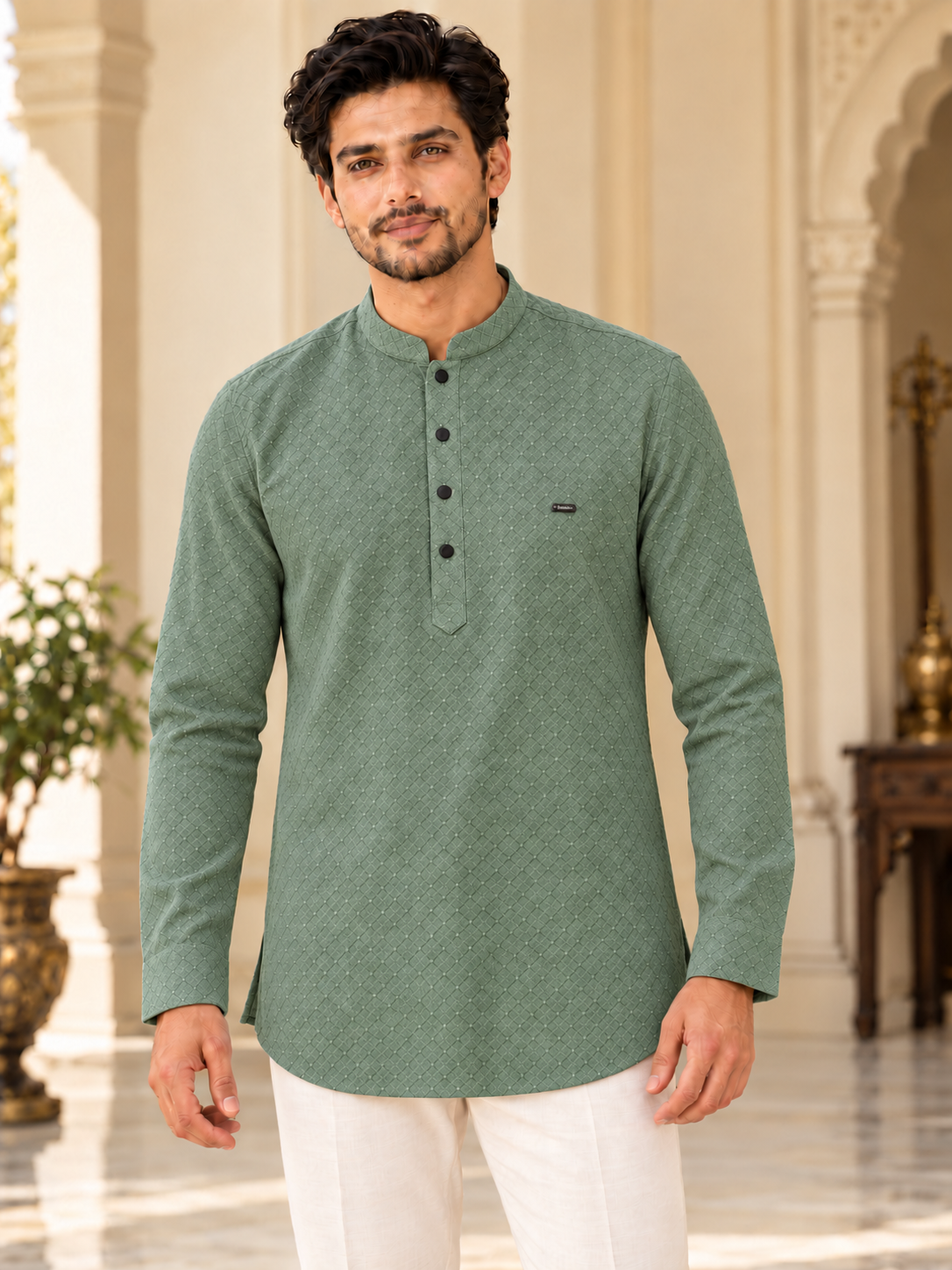 Sage green textured short kurta for men