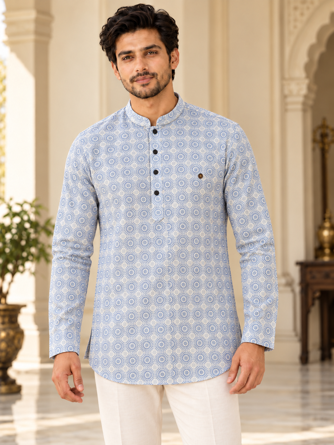 Sky blue medallion print short kurta for men