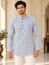 Sky blue medallion print short kurta for men