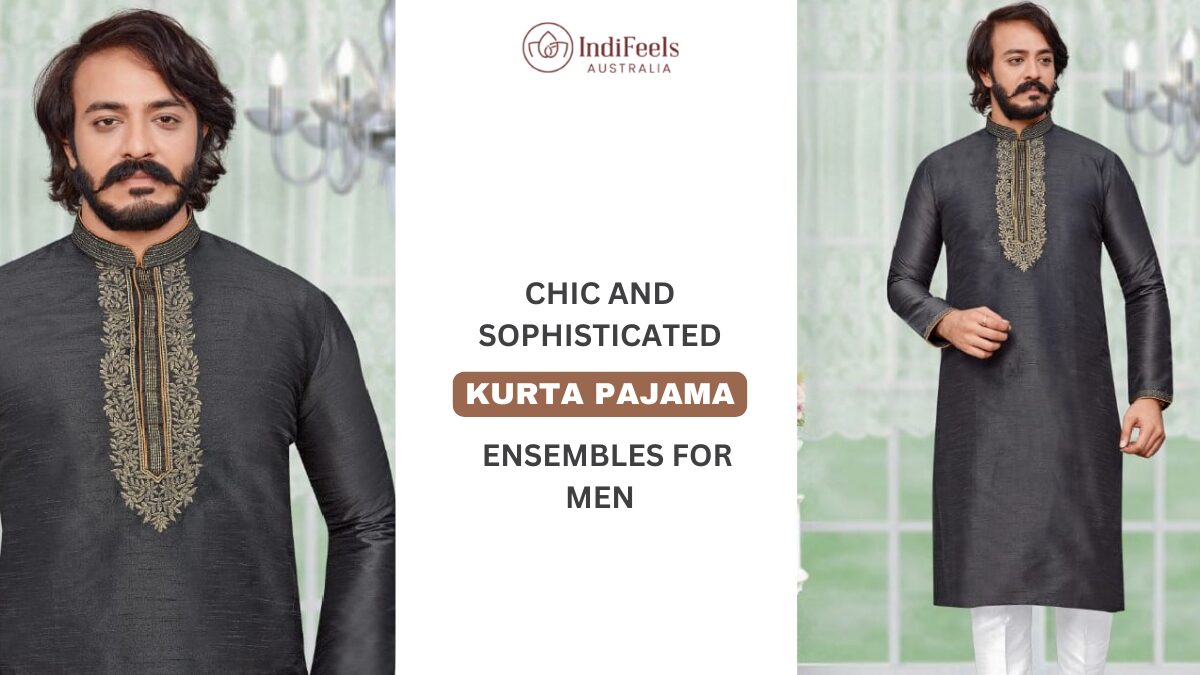 Two men dressed in elegant black kurta pajama outfits, standing gracefully in a refined indoor setting, showcasing chic and traditional men's fashion.