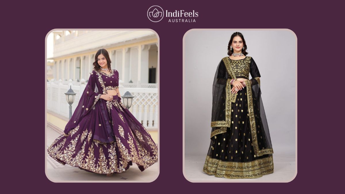 Elegant Indian Lehenga outfits in black and purple, perfect for traditional occasions.