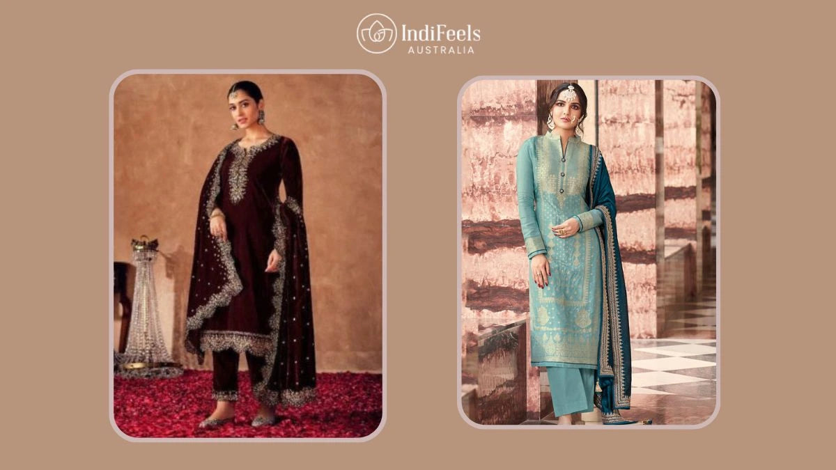 Two women elegantly dressed in traditional Indian suits — one in a maroon embroidered ensemble and the other in a pastel blue suit with intricate patterns.