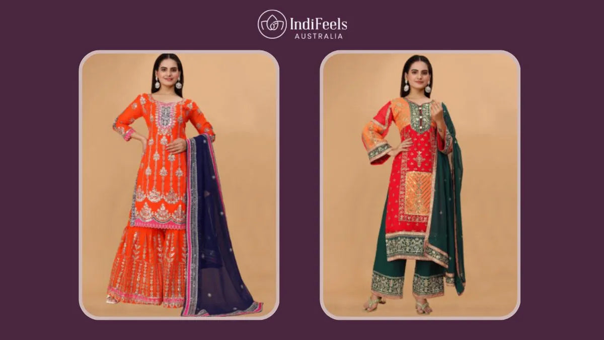 Stylish women wearing vibrant traditional Pakistani Suits for festive occasions.