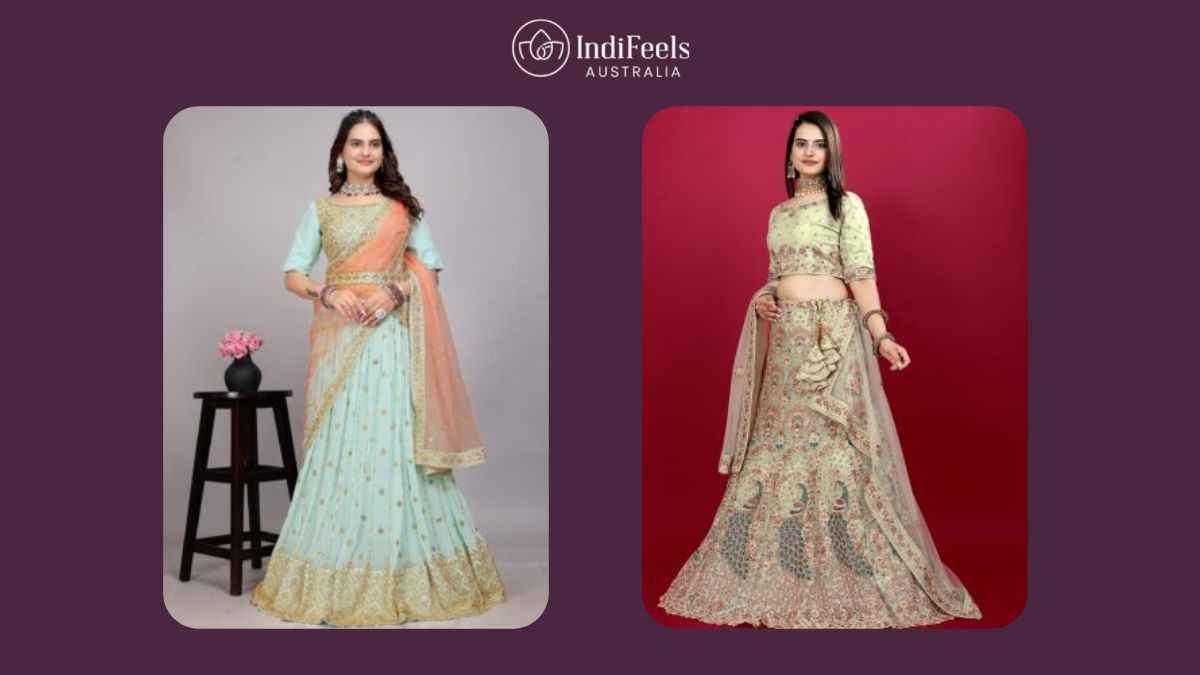 Elegant women in stunning lehenga designs for special occasions, available online.