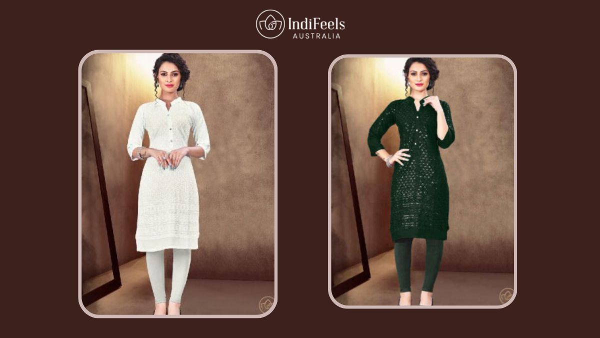 Stylish white and green Chikan Kurti designs for women featuring intricate embroidery.