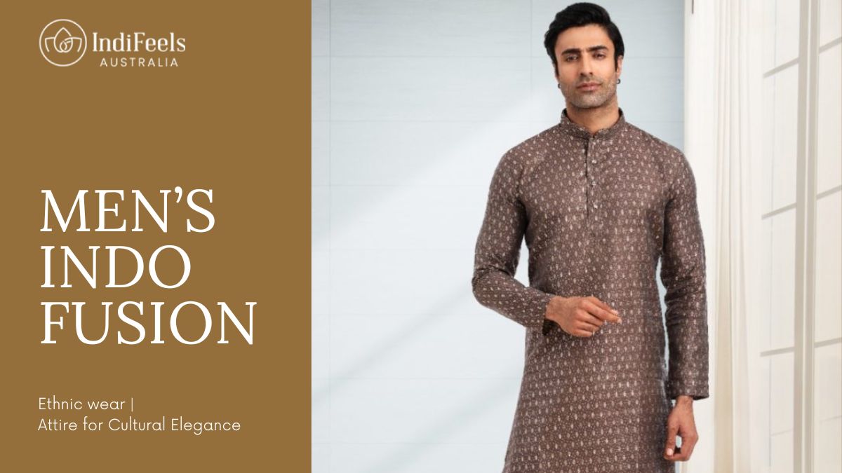 A man wearing a traditional brown printed kurta pajama for men, standing confidently in a bright indoor setting, showcasing timeless ethnic style.