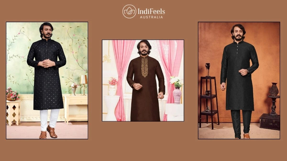 Three stylish men showcasing elegant Kurta for men in black and brown hues, suitable for formal and festive occasions.