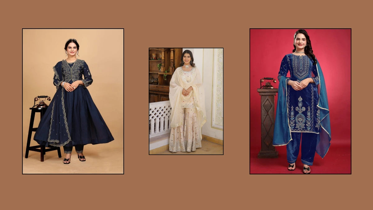 Elegant Pakistani suits for women in navy blue, ivory, and royal blue colors with intricate embroidery and luxurious fabric.