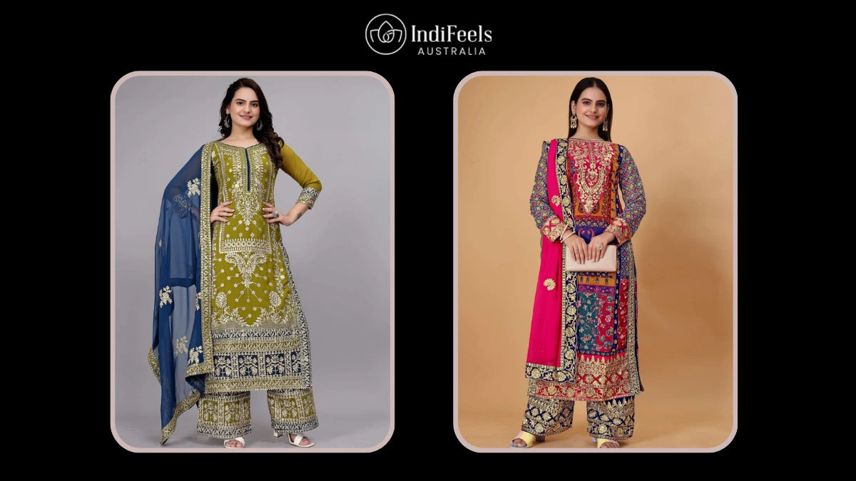 Elegant women showcasing beautifully designed Pakistani suits, perfect for traditional and festive occasions.