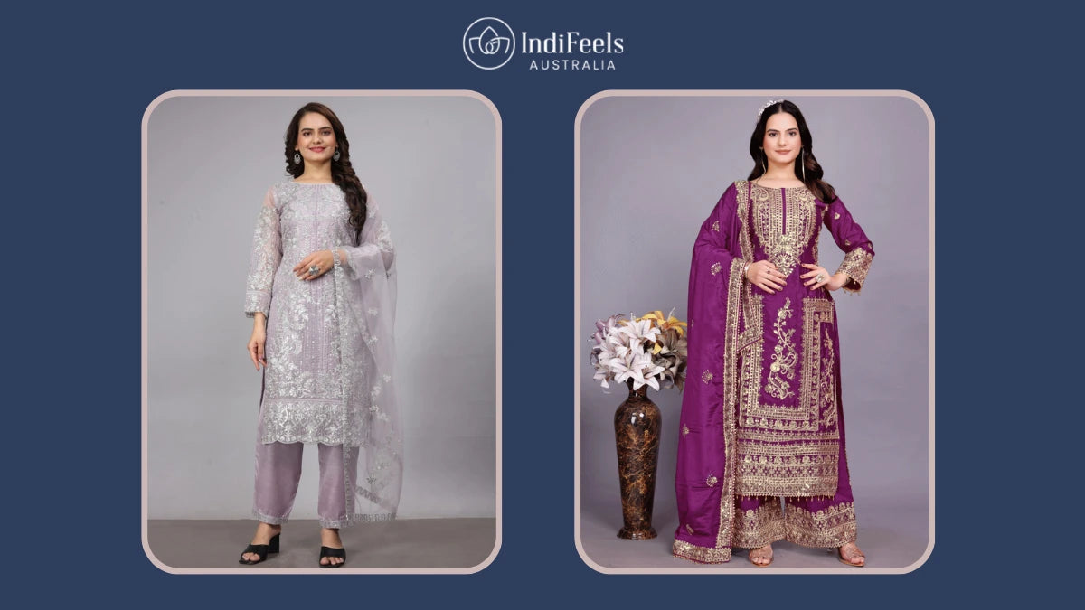 Elegant Pakistani suits for women in pastel and royal hues, featuring intricate embroidery and luxurious fabrics by IndiFeels Australia.
