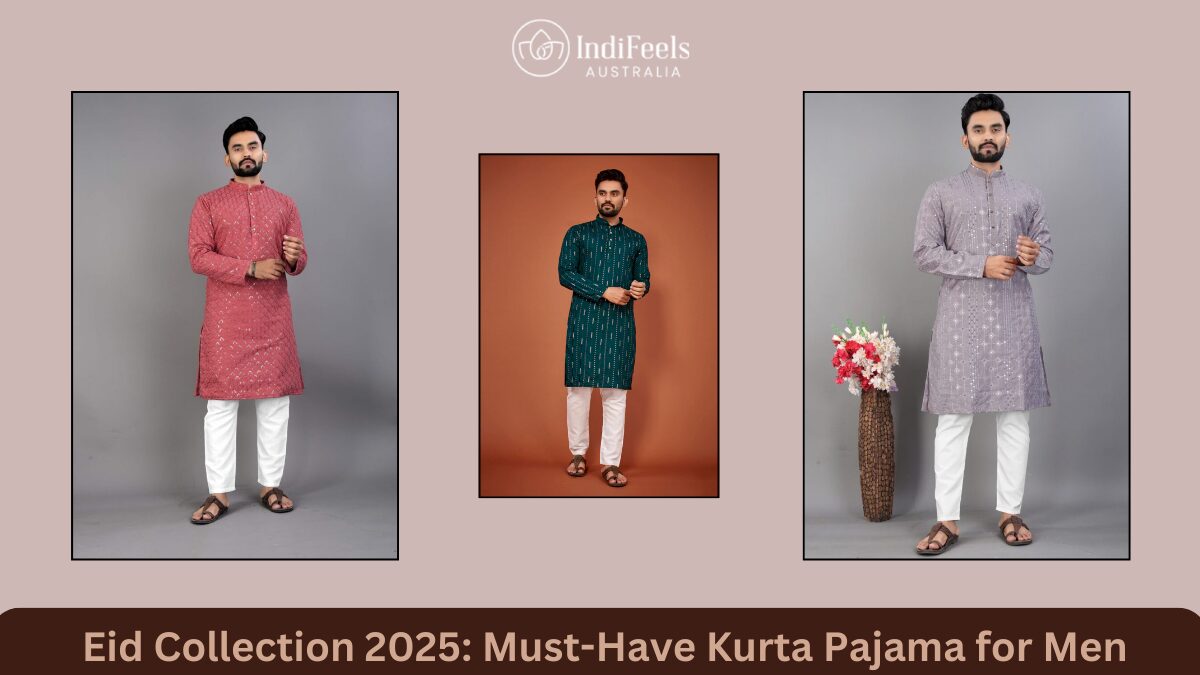 IndiFeels Australia Eid Collection 2025 featuring elegant kurta pajama for men in stylish colors and intricate designs. Perfect festive wear for a traditional yet modern look.