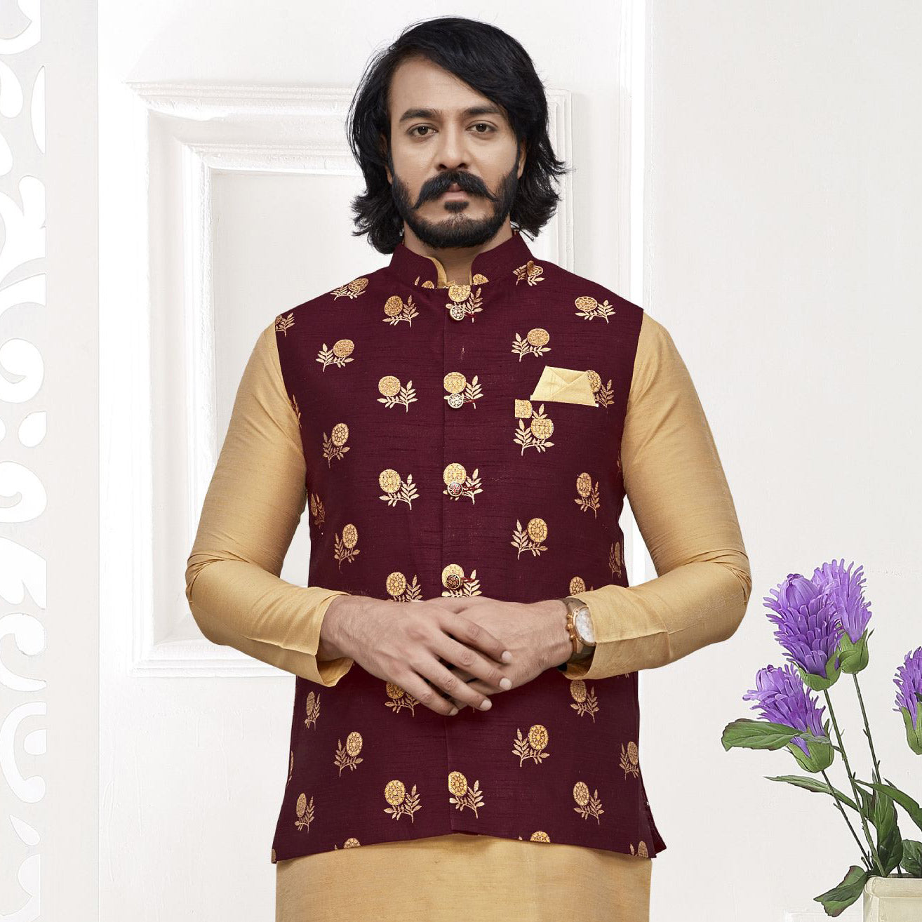Maroon Pattern Nehru Jacket