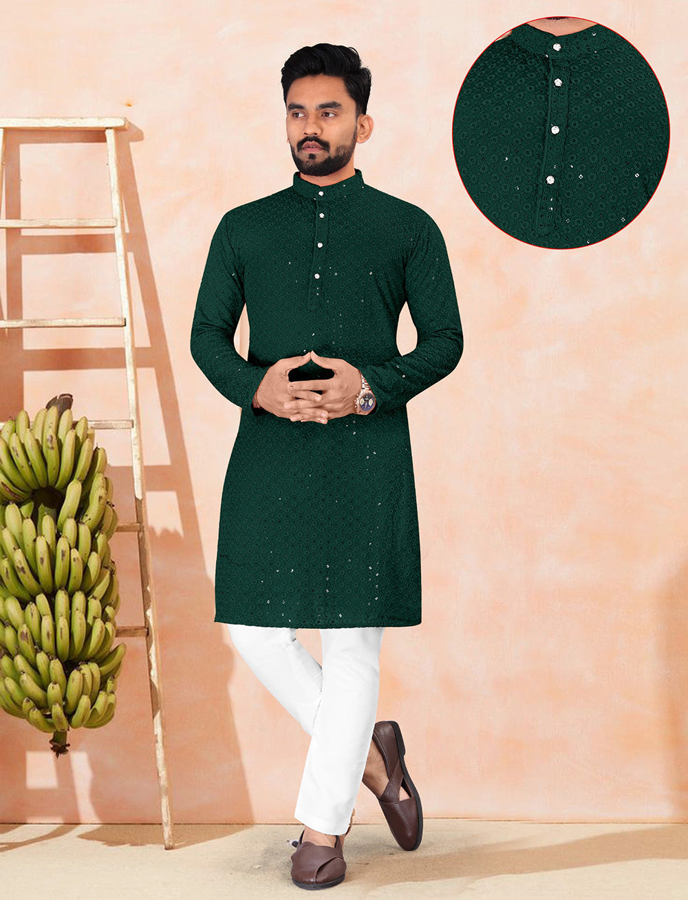 Indian Green Chiknkari Kurta for Men