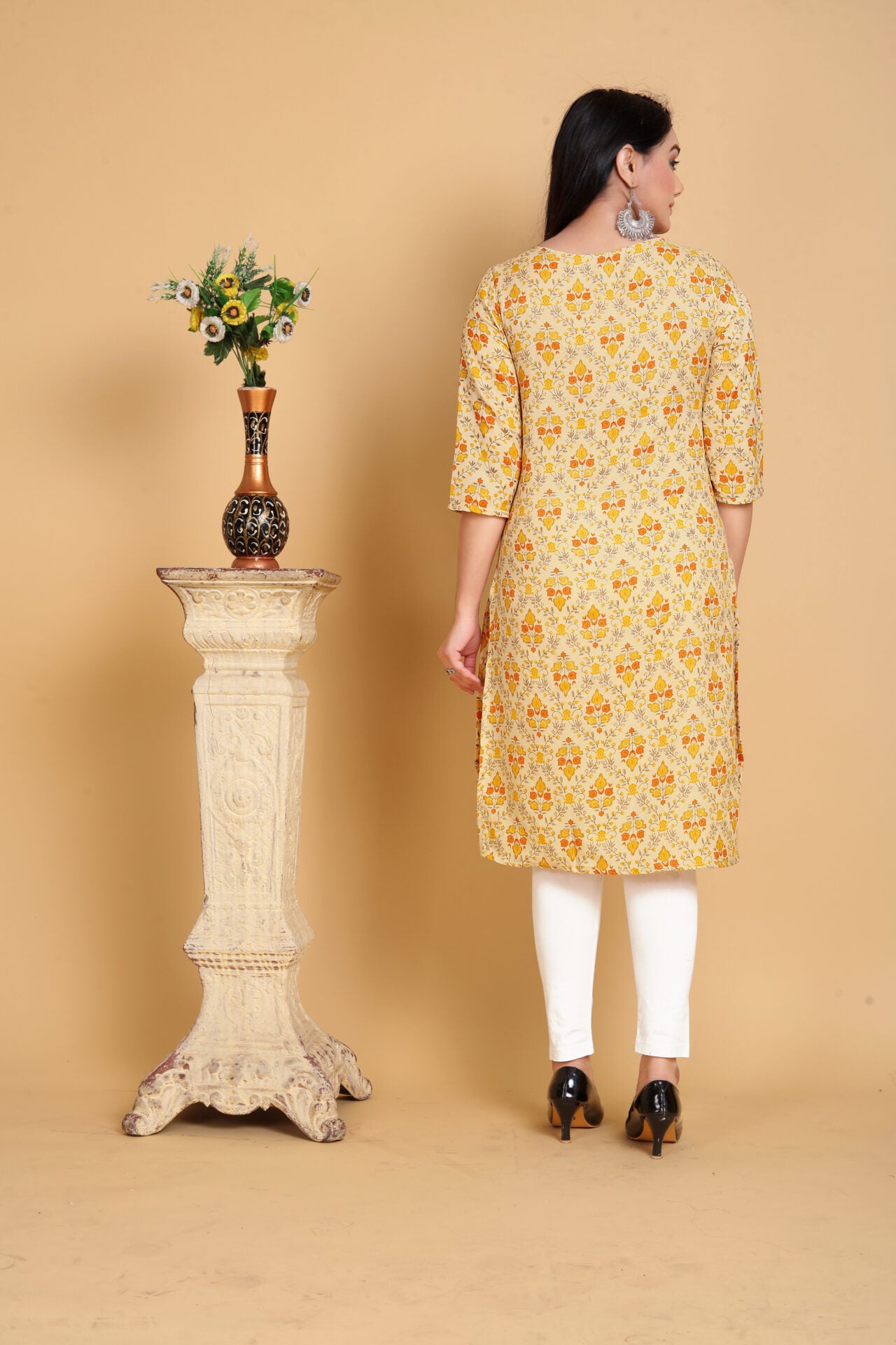 Yellow Printed Rayon Kurti Women
