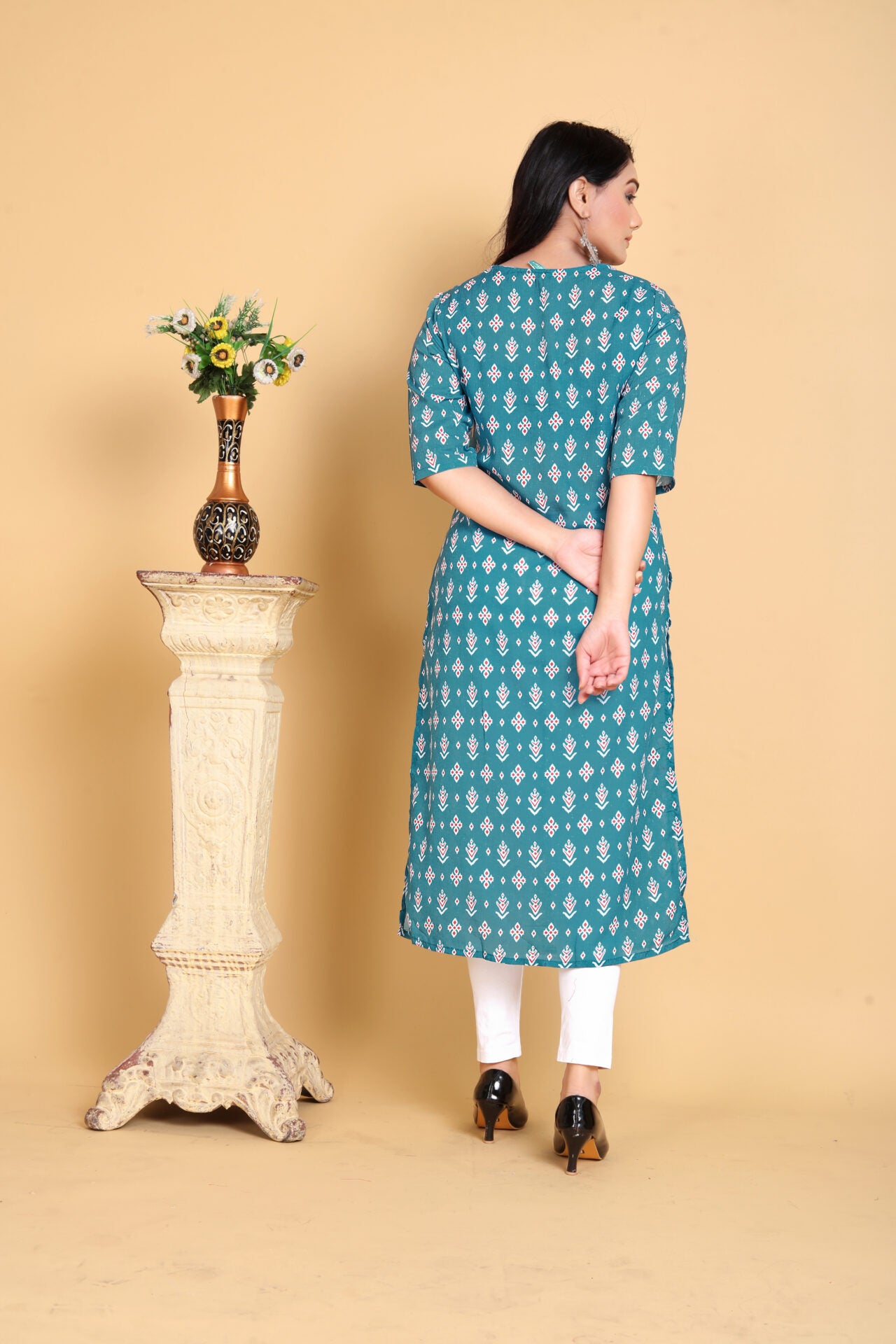 Teal Printed Cotton Kurti Women
