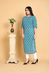 Teal Printed Cotton Kurti Women