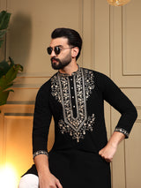 Mens Black Embroidery Kurta Pajama
