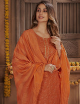 Embroidered Cotton Suit in Orange