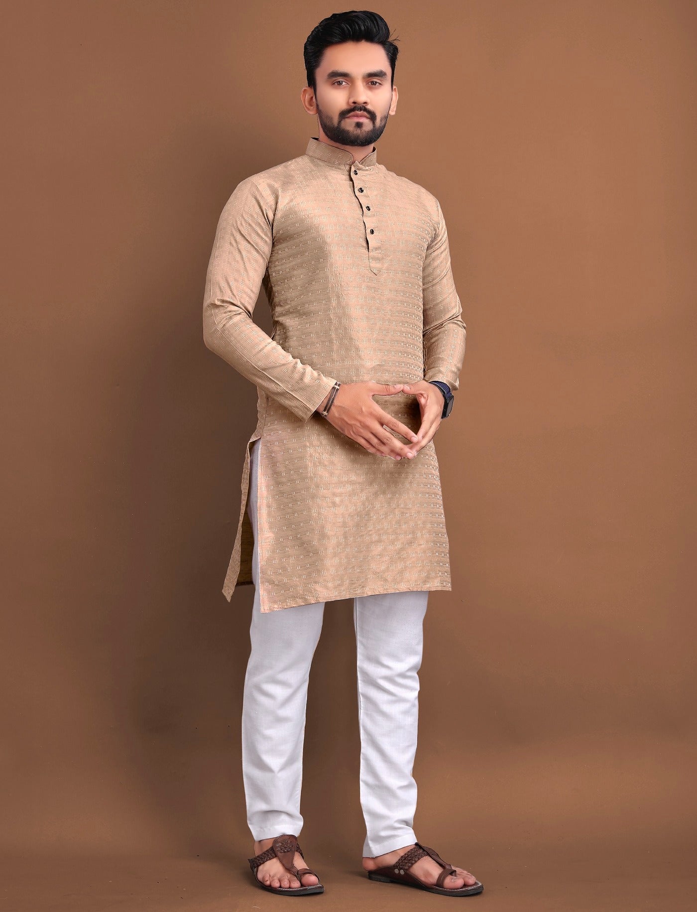 Golden Self Printed Kurta Pajama