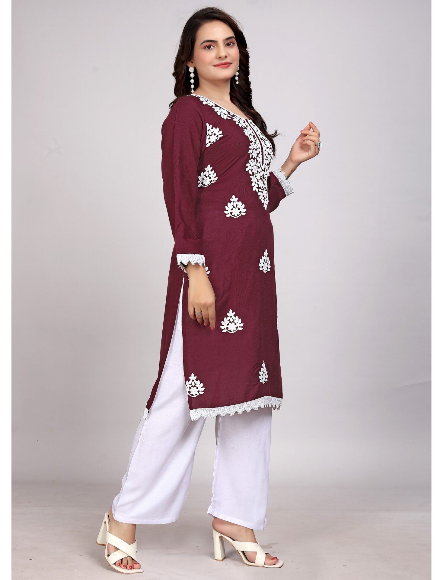 Lucknowi Maroon Rayon Kurti Set
