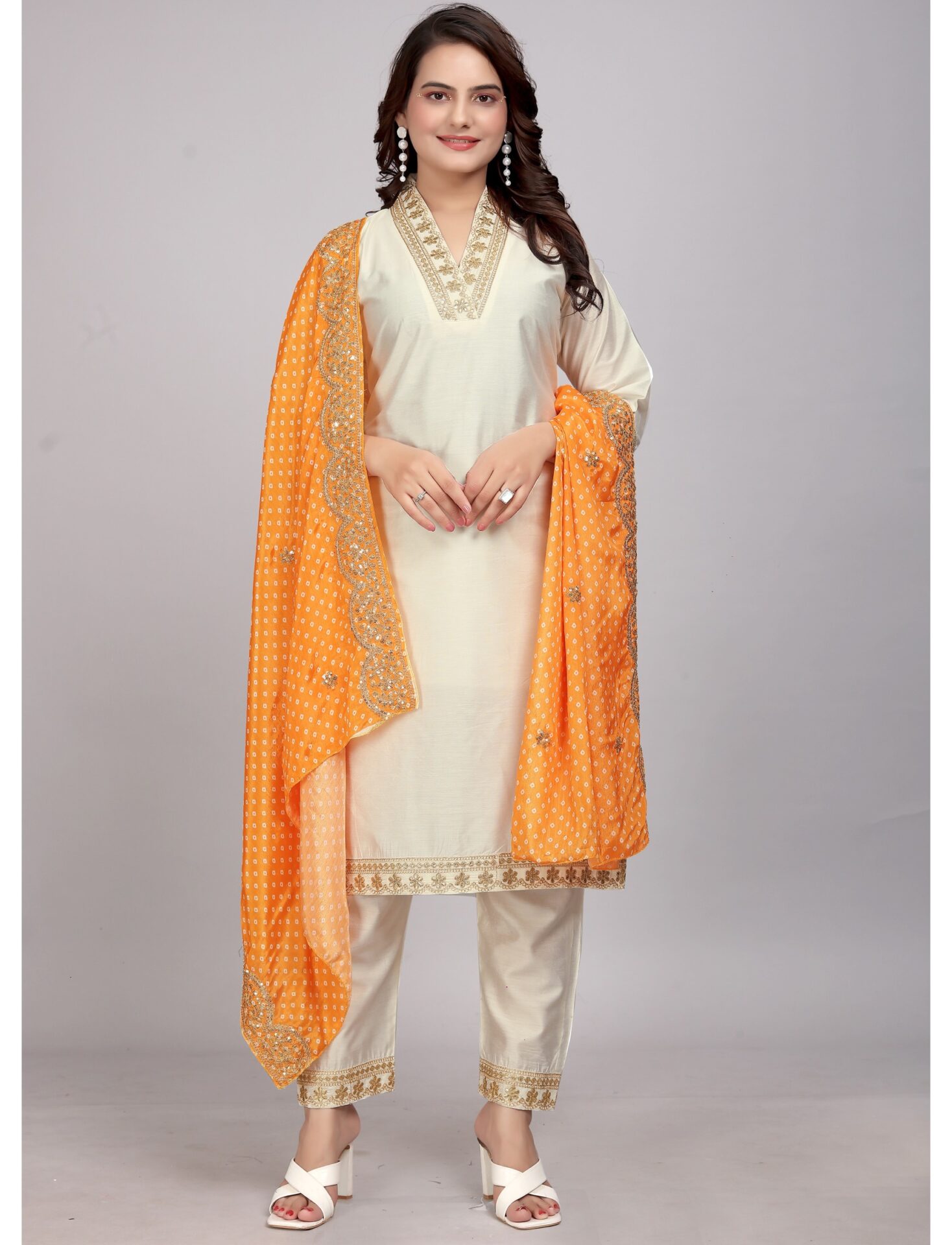 Orange Dupatta Off White Kurta Set