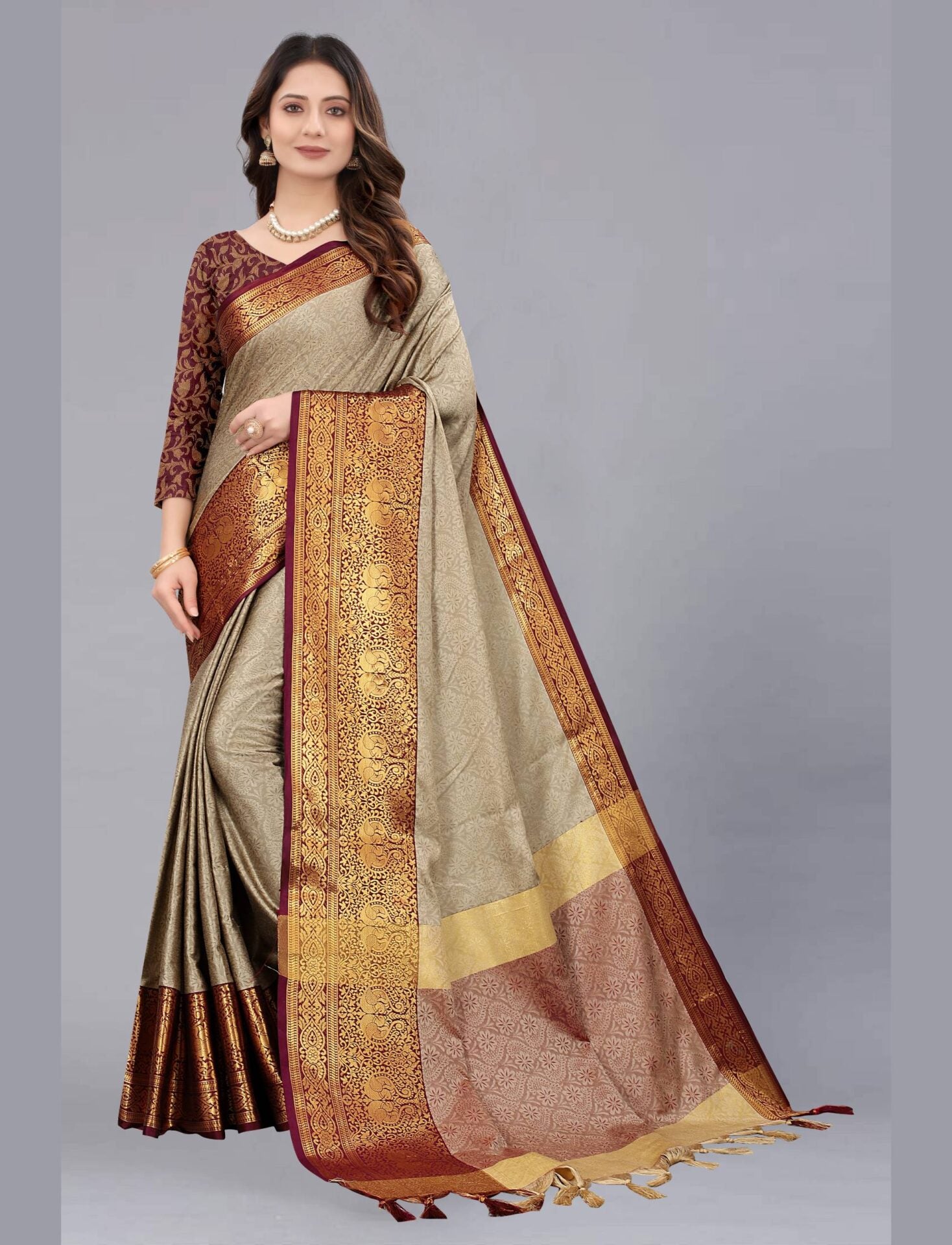 beige cotton silk saree