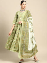 Green Floral Printed Anarkali Set