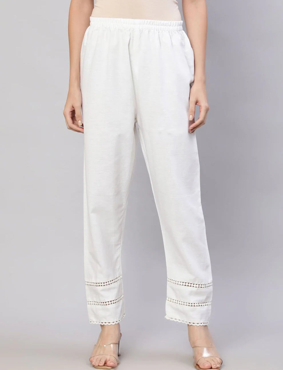 White Solid Pant With Lace Details