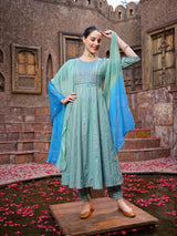 Embroidered Cotton Blend Anarkali Kurta Pant Dupatta Set