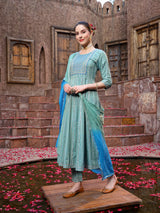 Embroidered Cotton Blend Anarkali Kurta Pant Dupatta Set