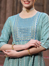 Embroidered Cotton Blend Anarkali Kurta Pant Dupatta Set