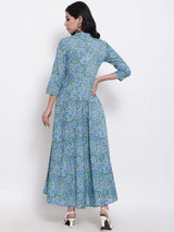 Blue Printed Mandarin Neck Flared Kurta