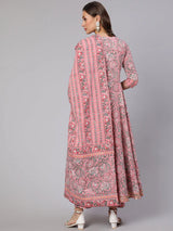 Cotton Printed Ankle Length Flared Round Neck Kurta, Pants With Dupatta Set
