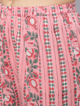 Pink floral patterned pants with a close-up view.
