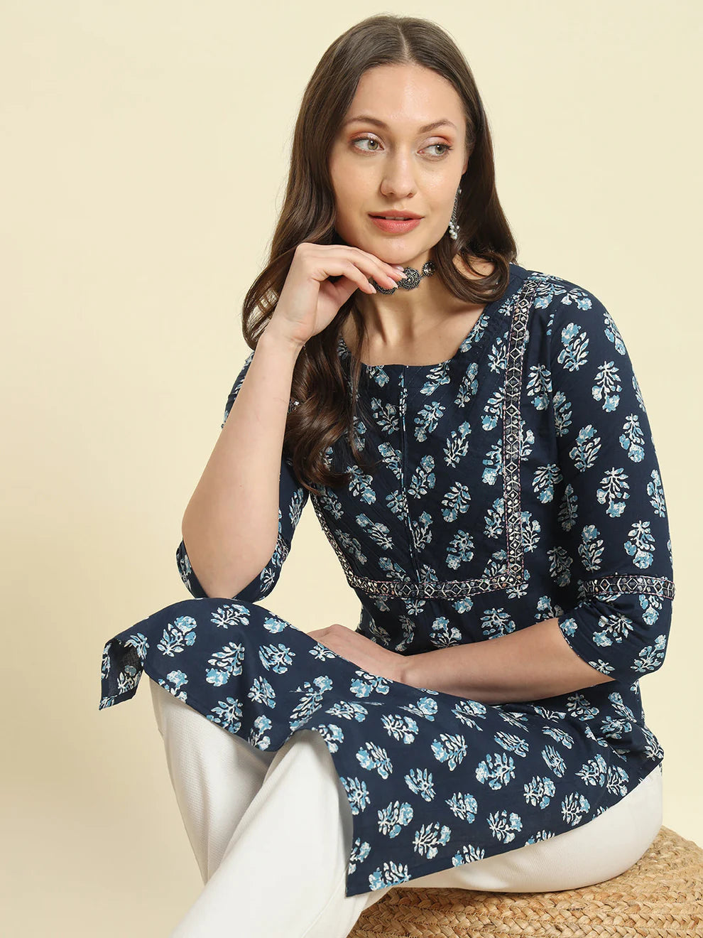 Blue Cotton Printed Kurta Women