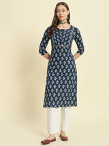 Blue Cotton Printed Kurta Women