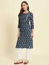 Blue Cotton Printed Kurta Women