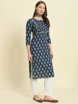 Blue Cotton Printed Kurta Women