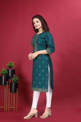 Teal Cotton Printed Kurti Women