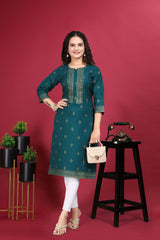 Teal Cotton Printed Kurti Women