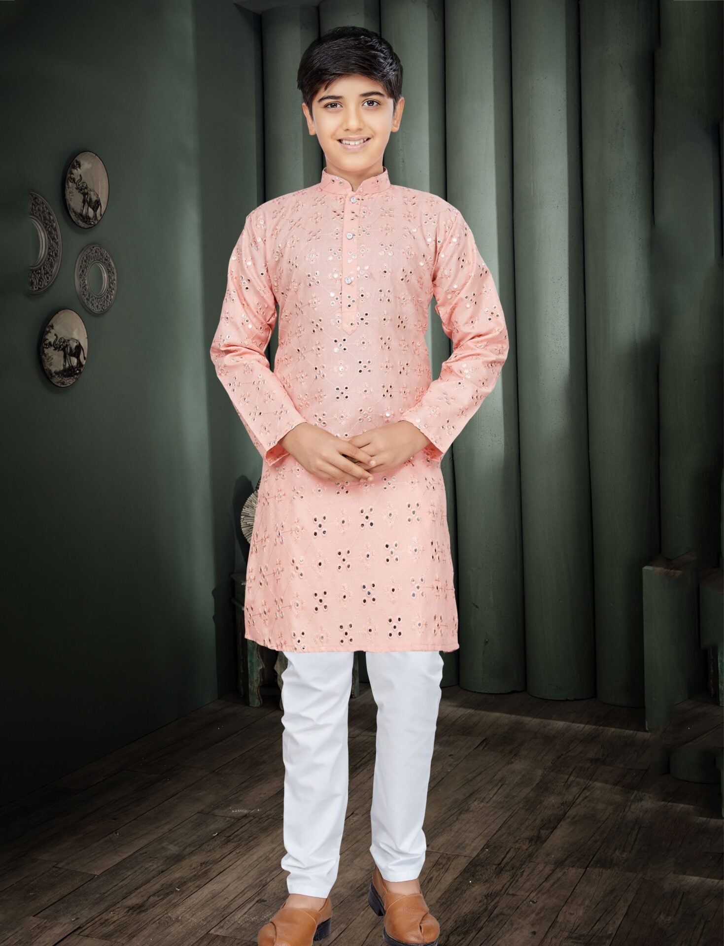 Boys Peach Mirror Kurta Pajama